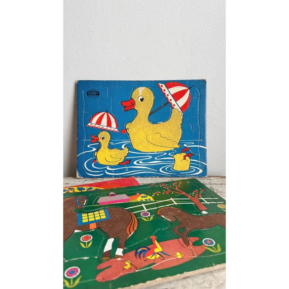 Vintage Built-Rite Furry Puzzles Set of 5 Flocked Animal Tray Puzzles